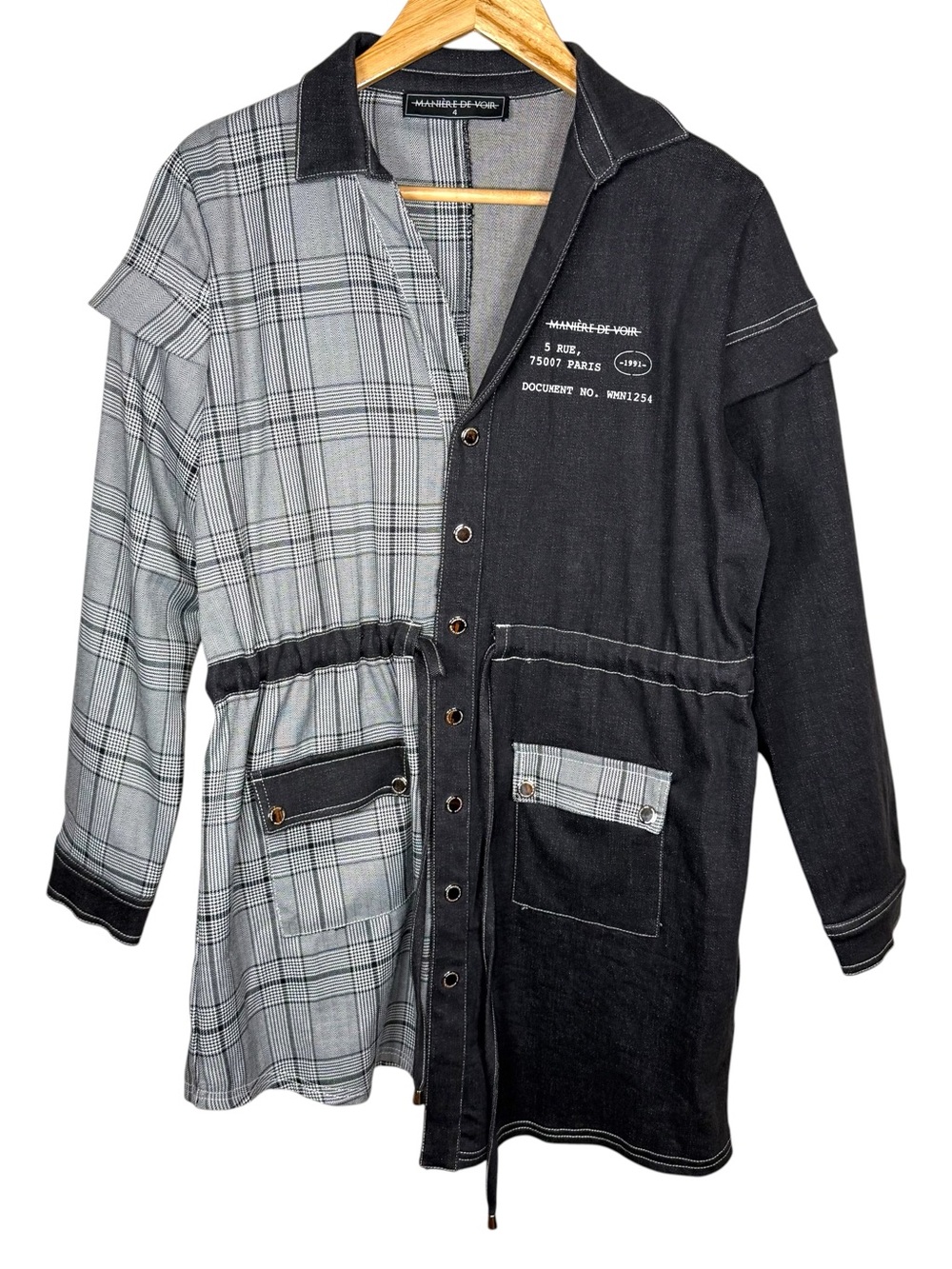 Manière De Voir Patchwork Denim Plaid Shirt Dress Utility Jacket Sz 4